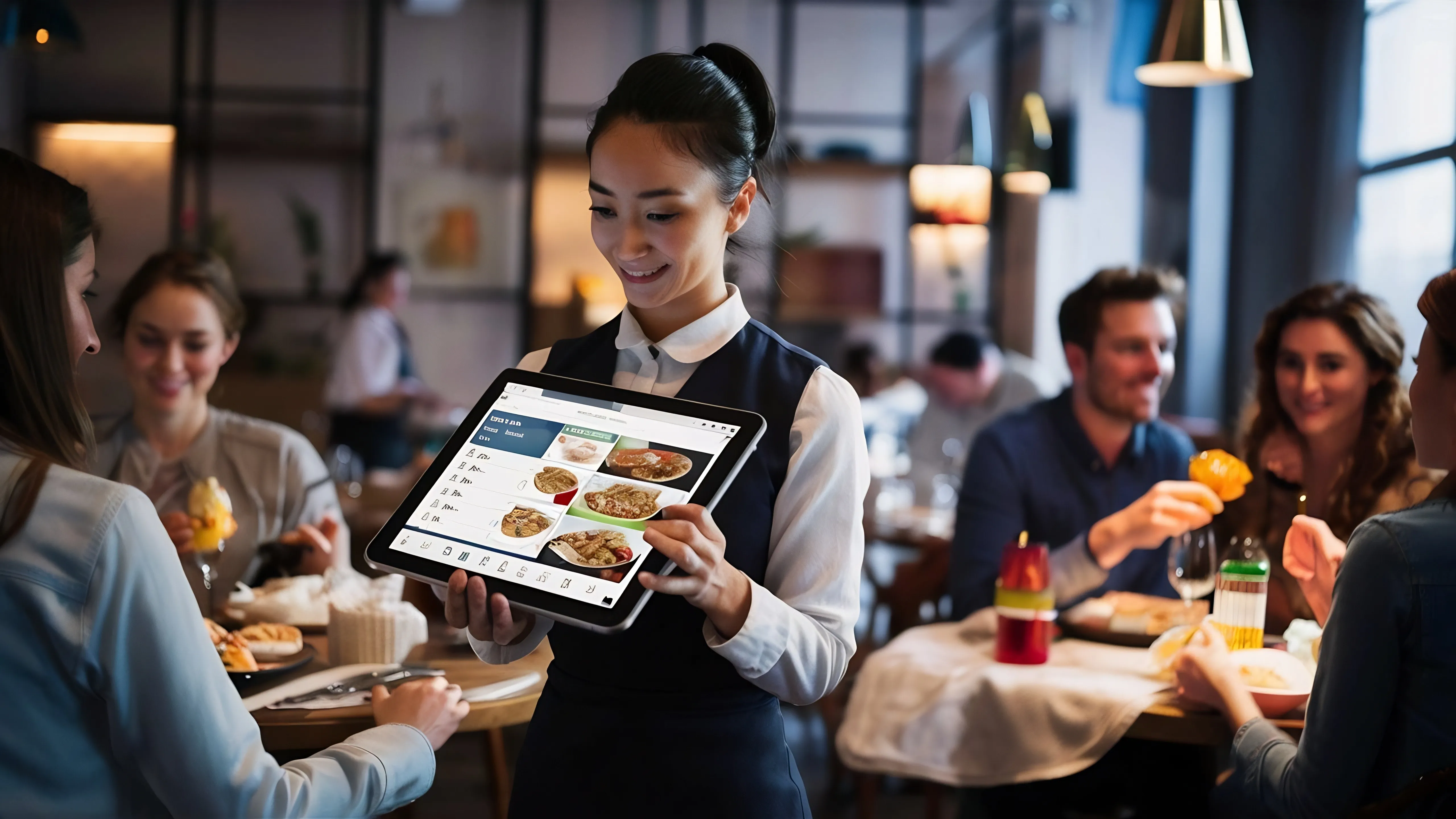Hotel manager reviewing staff training software on a tablet